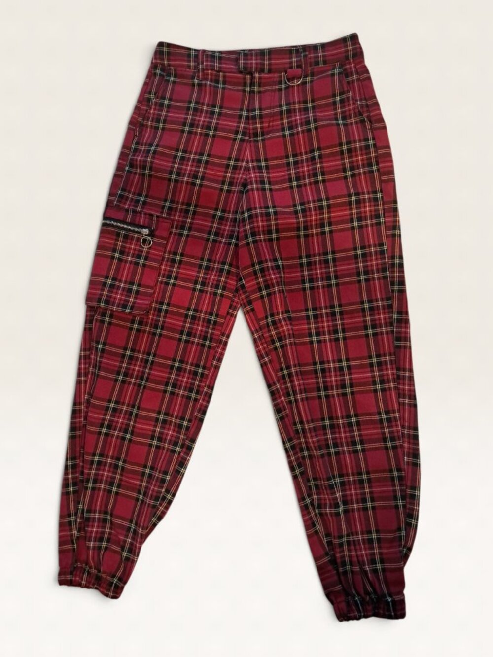 Hot Topic Size 1 Red Plaid Punk Cargo Jogger Pants D-Ring Zipper Pockets Goth